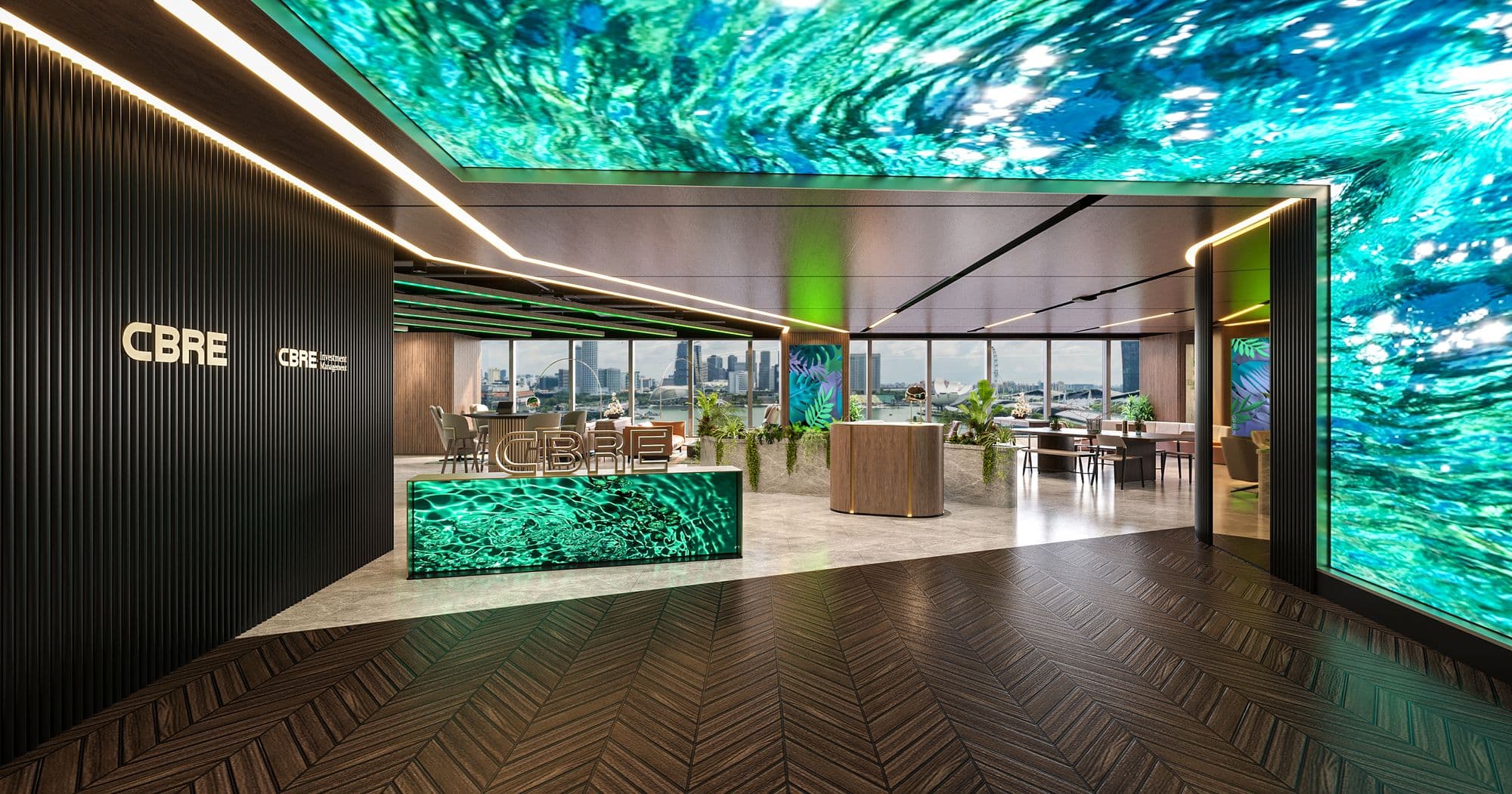 The arrival space at CBRE Marina Bay Financial Centre. A large videowall runs across the ceiling and down the wall, showing an organic green motion graphic, with the city beyond.