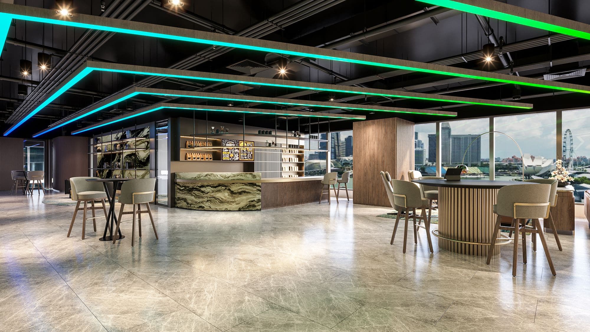An open collaboration area with high tables, a servery counter and linear coloured lighting recessed into the ceiling, looking out over Marina Bay.