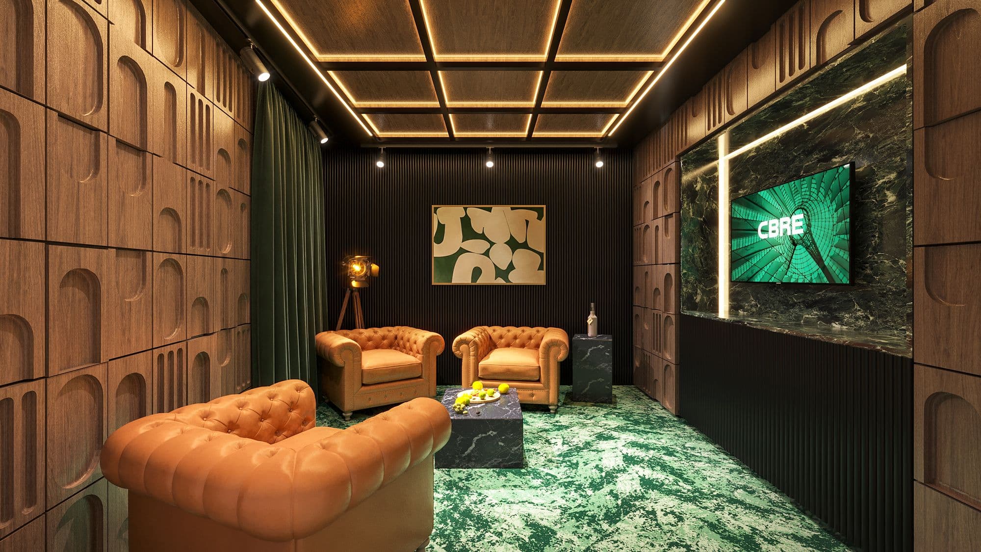 The Emerald Suite. A darkly panelled lounge with tan leather armchairs, green marble flooring and a wall mounted display.