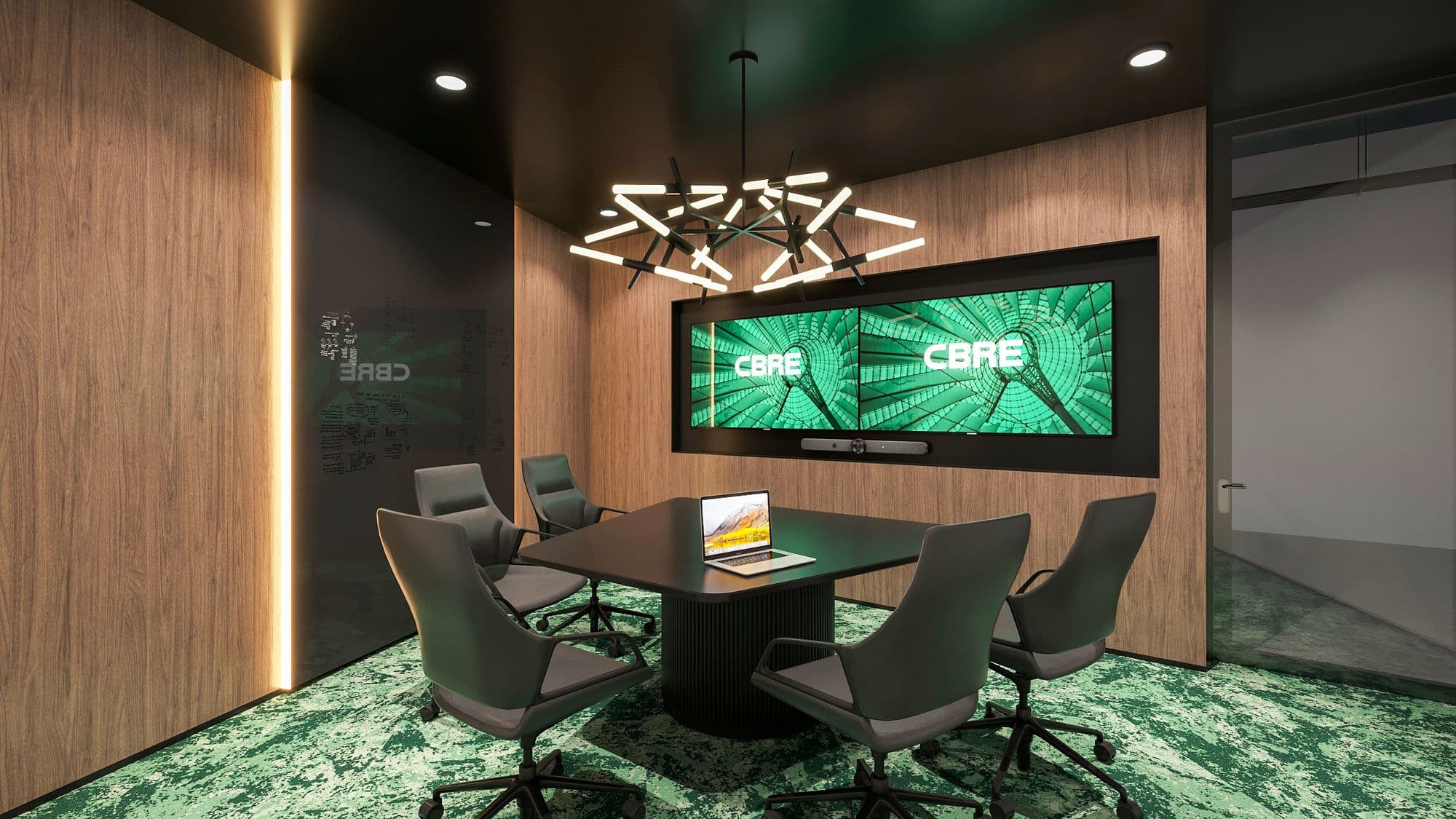 A meeting room with a dual display wall, a sculptural pendant light and a conference table seating six.